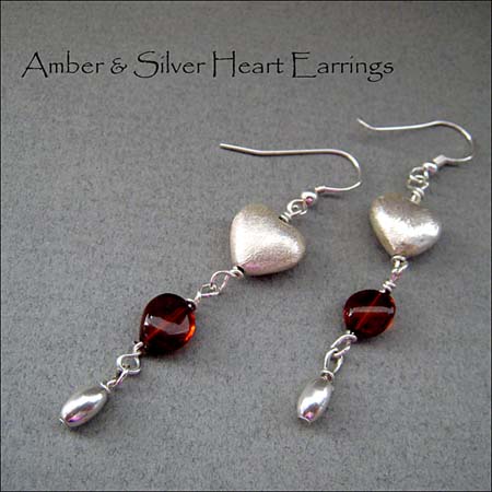 E - Amber &amp; Silver Heart Earrings